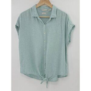 Weatherproof Linen Blend Tie Waist Button Front Blouse Sz L Beach Coastal Preppy